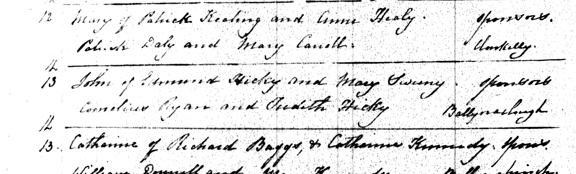Handwritten Knockavilla Catholic baptism register entry associated with John Hicky, 1844
